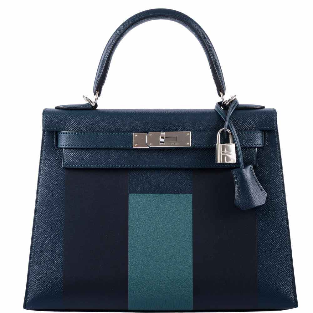 Hermès Kellygraphie 28 Sellier 'H' Lettre Vert Cypres Epsom Blue Obscur Sombrero Malachite Clemence Palladium Hardware