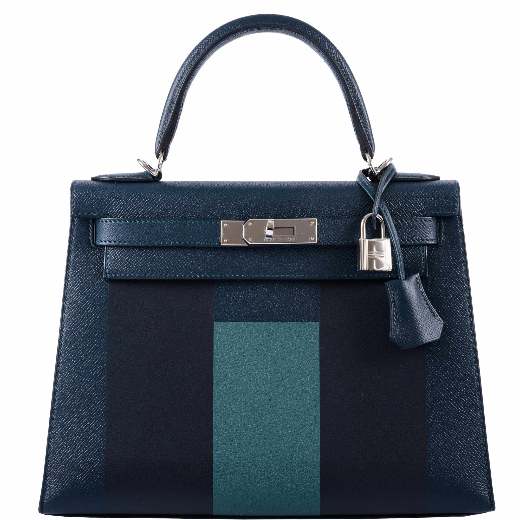 Hermès Kellygraphie 28 Sellier 'H' Lettre Vert Cypres Epsom Blue Obscur Sombrero Malachite Clemence Palladium Hardware