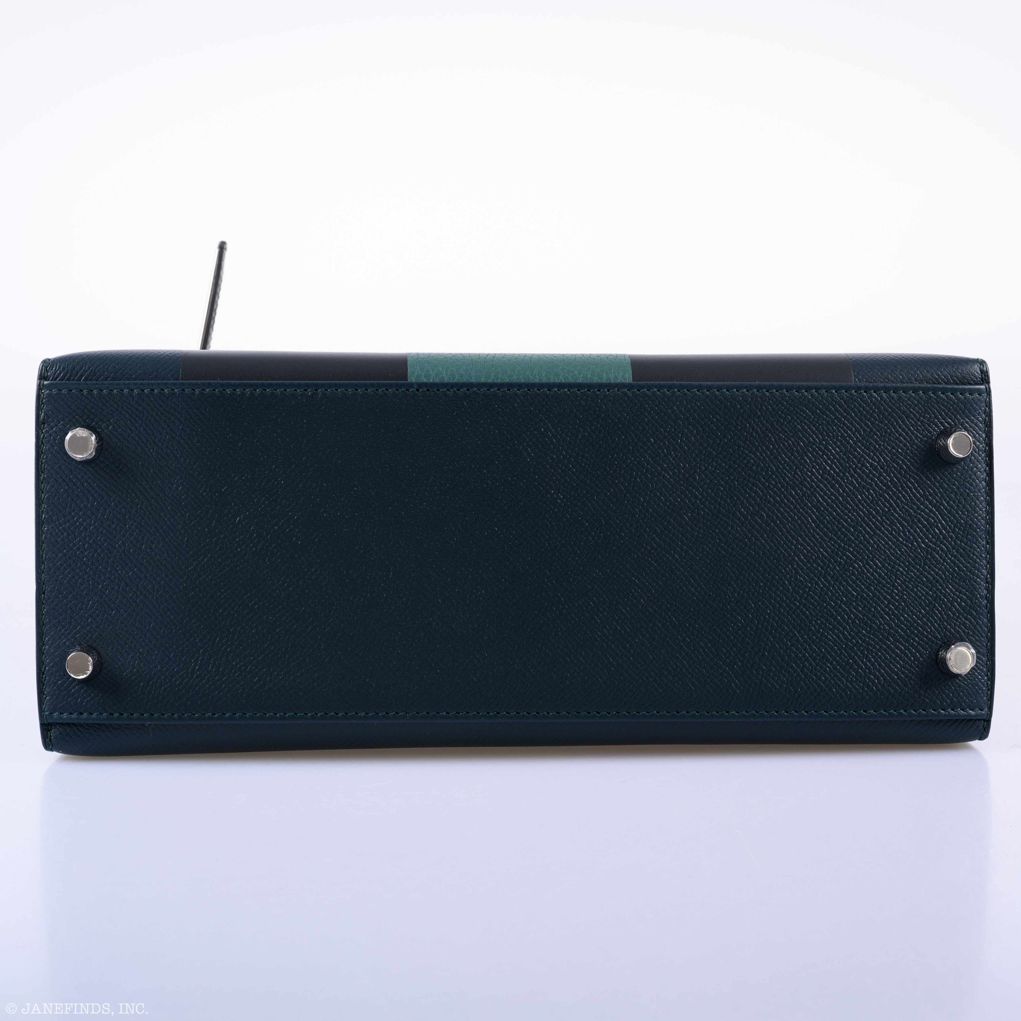 Hermès Kellygraphie 28 Sellier ‘H’ Lettre Vert Cypres Epsom, Blue Obscur Sombrero &amp; Malachite Clemence Palladium Hardware