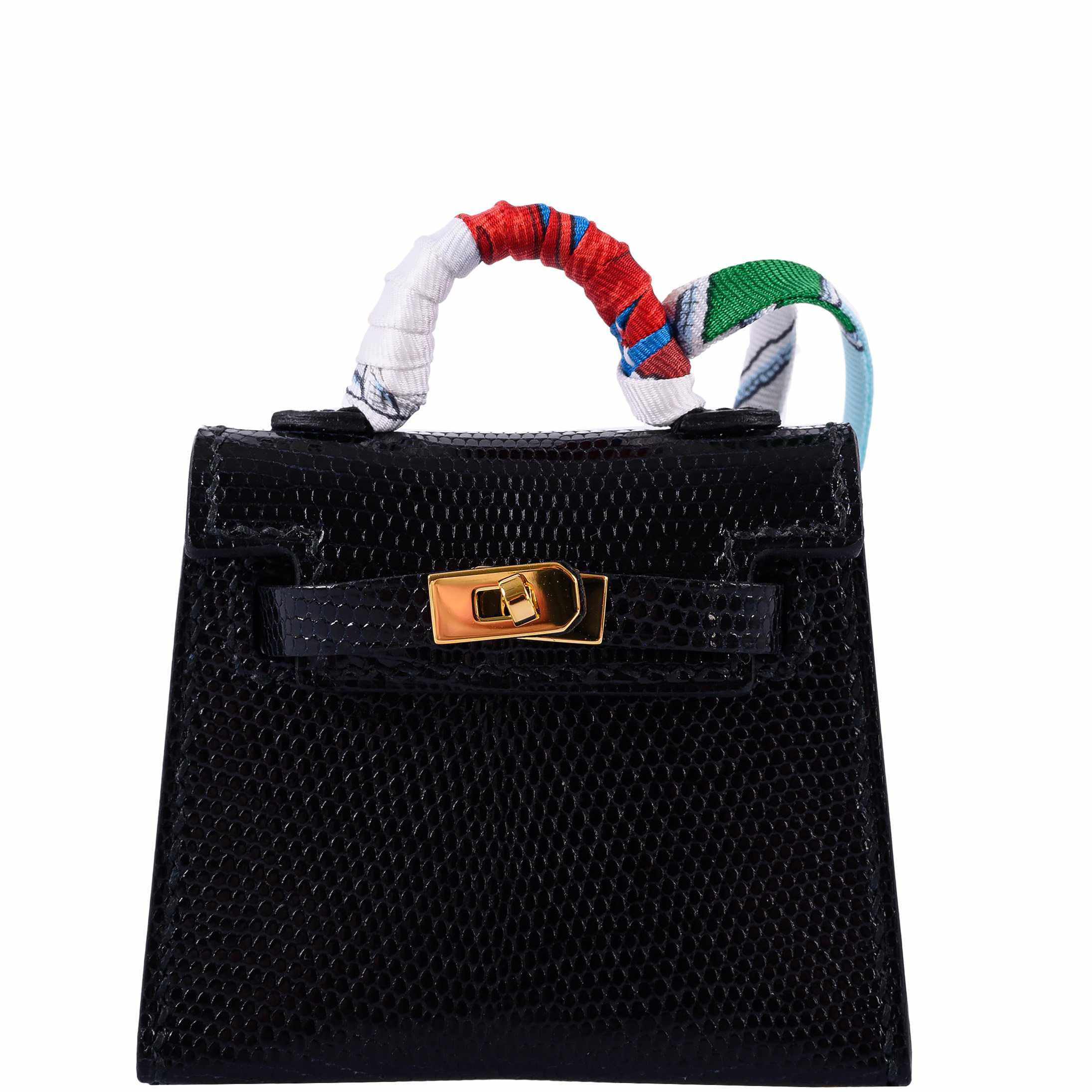 希少　HERMES エルメス 干支　バッグ　レザー　チャーム 蛇 Hermès Micro Kelly Charm Black Lizard Gold Hardware | JANEFINDS