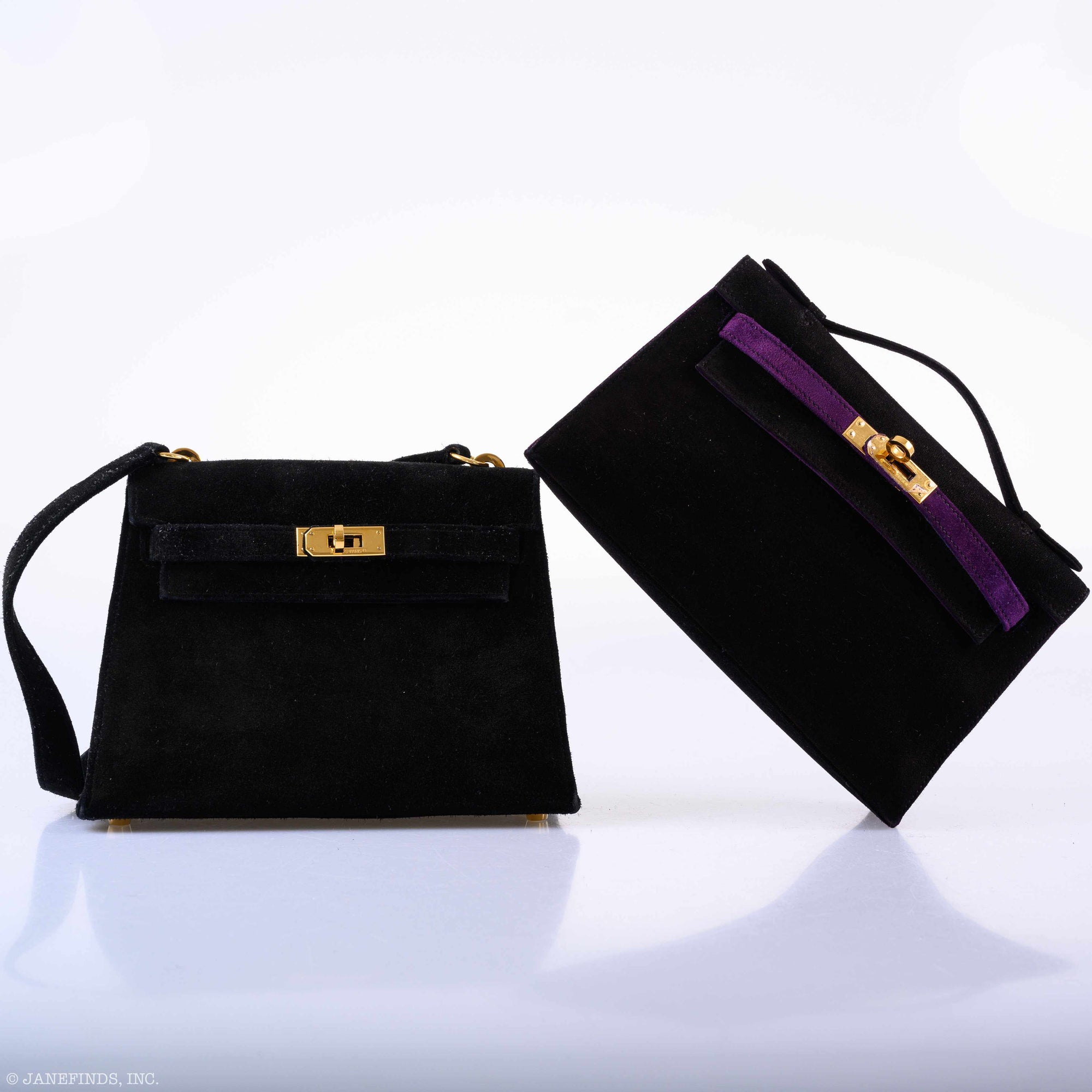 Hermès Mini Kelly 20 Sellier Shoulder Black Veau Doblis Suede Gold Hardware - 1999
