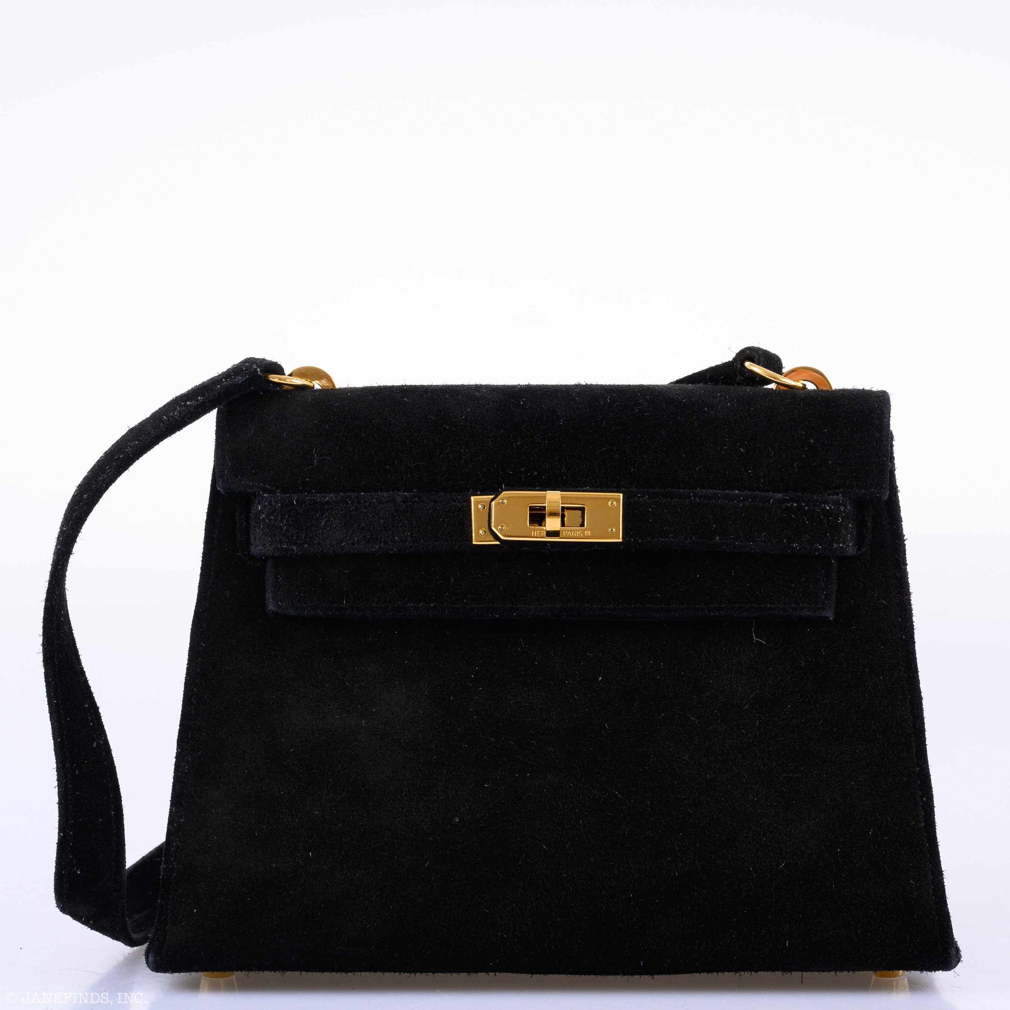Hermès Mini Kelly 20 Sellier Shoulder Black Veau Doblis Suede Gold Hardware - 1999