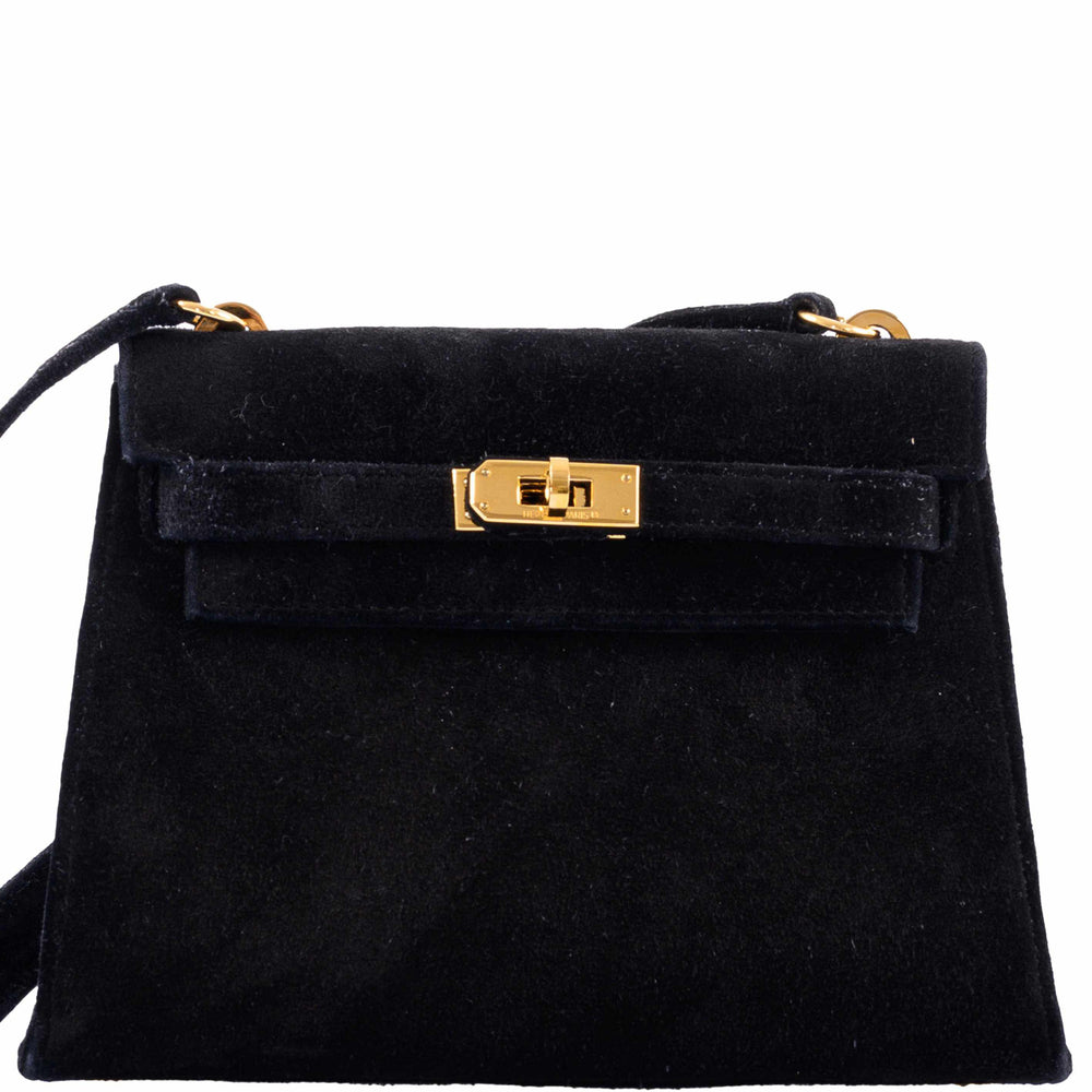 Hermès Mini Kelly 20 Sellier Shoulder Black Veau Doblis Suede Gold Hardware - 1999