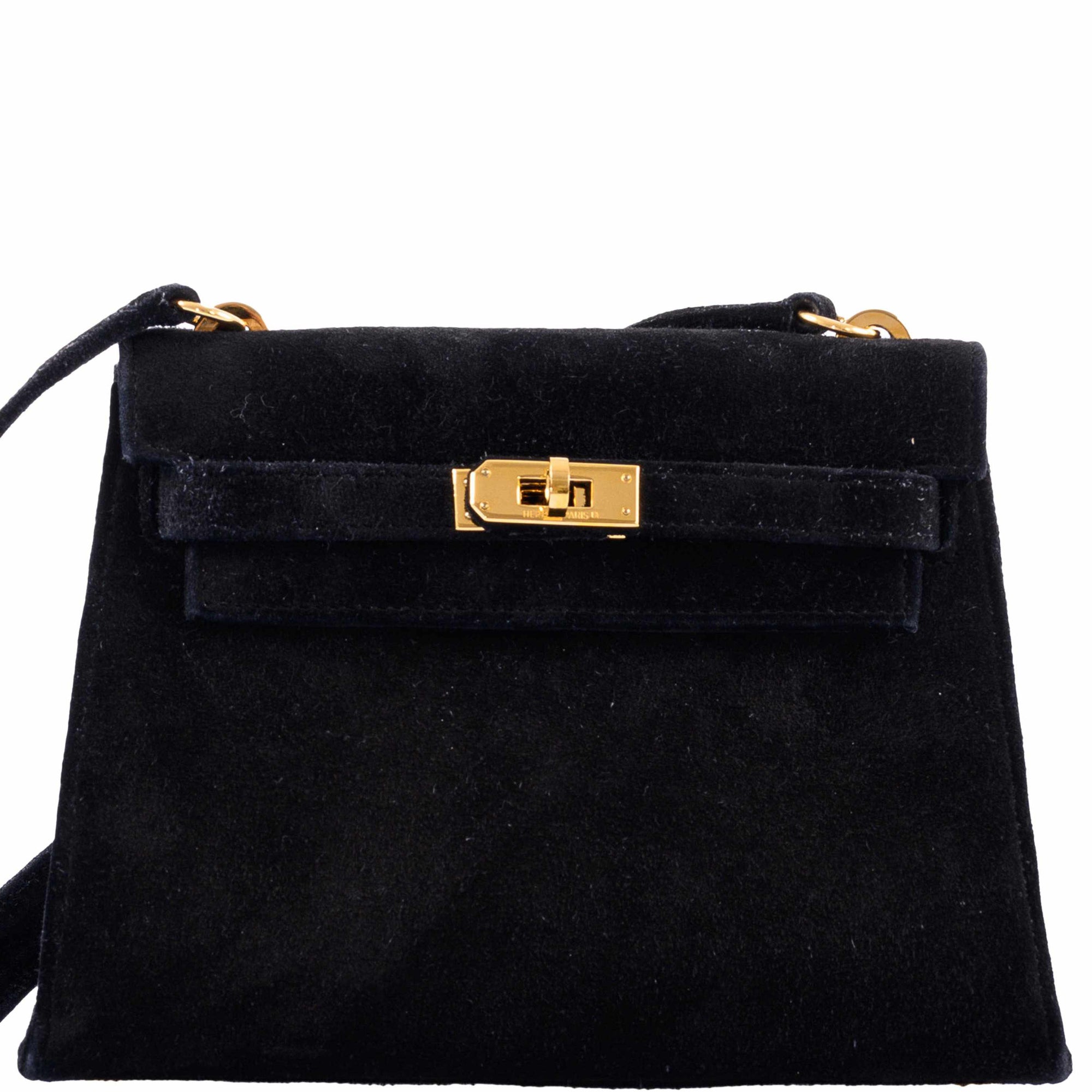 Hermès Mini Kelly 20 Sellier Shoulder Black Veau Doblis Suede Gold Hardware - 1999