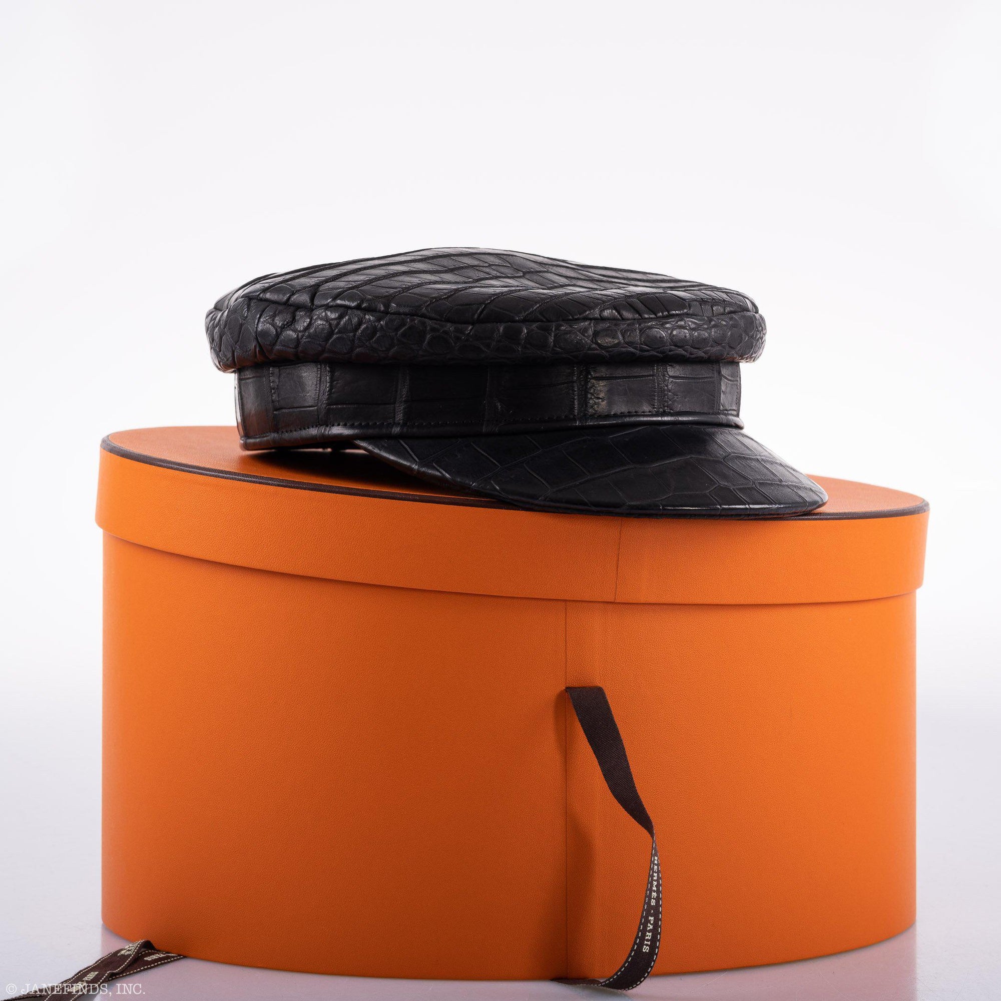 Hermès Newsboy Cap Matte Black Porosus Crocodile 57