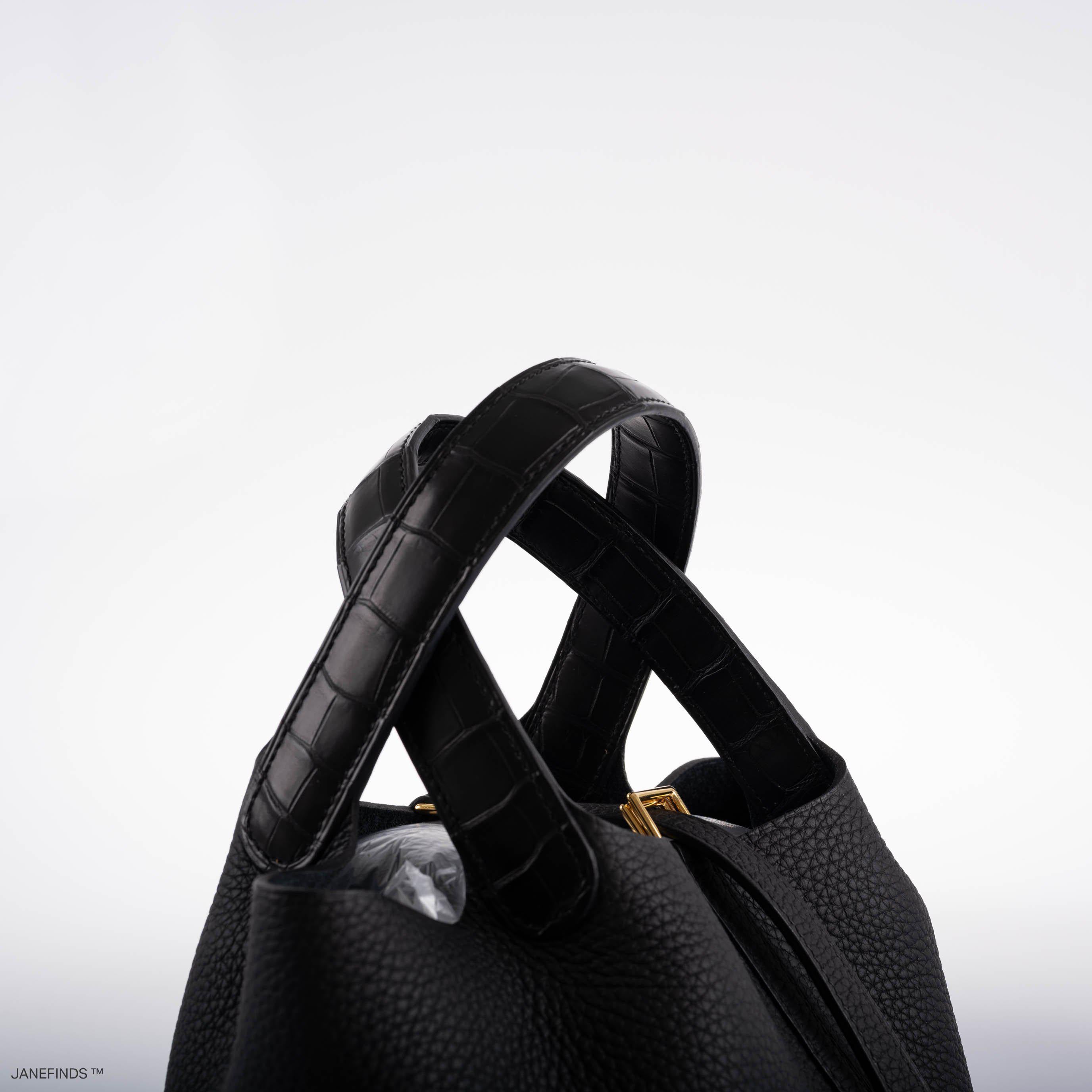 Hermès Picotin Lock Touch 18 PM Black Taurillon Clemence & Matte Alligator Gold Hardware