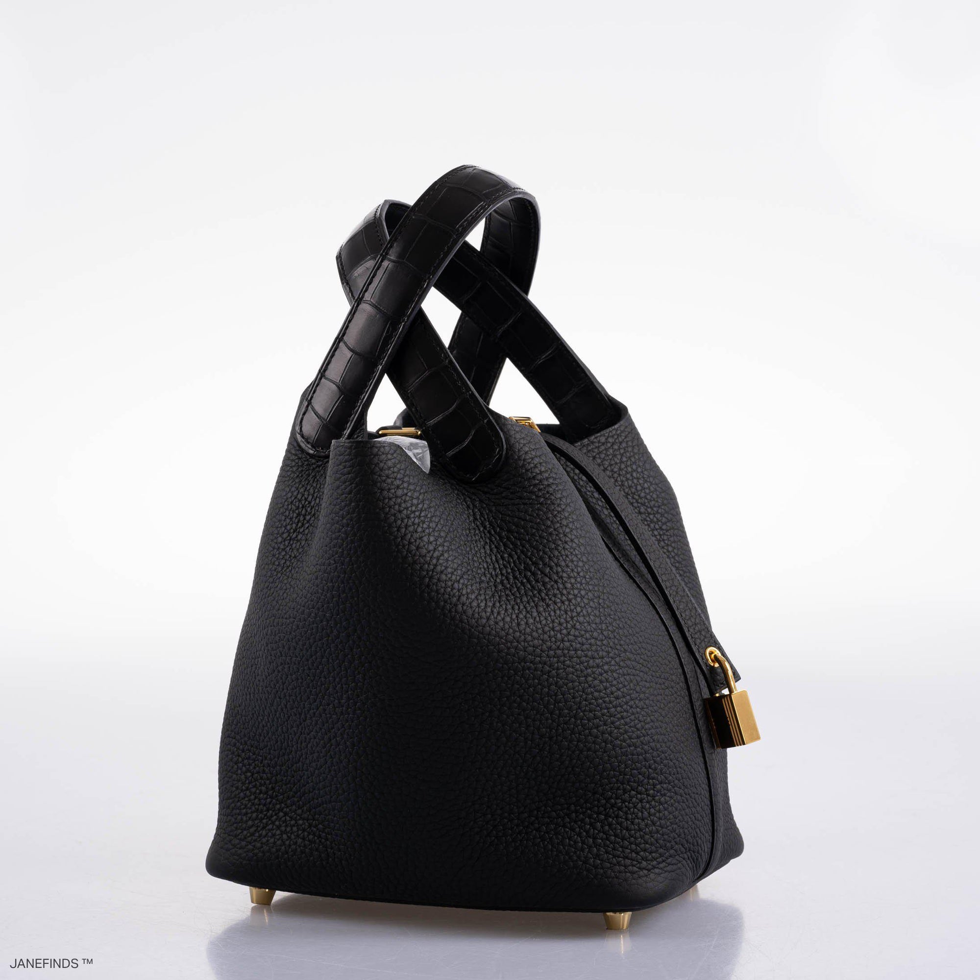 Hermès Picotin Lock Touch 18 PM Black Taurillon Clemence & Matte Alligator Gold Hardware