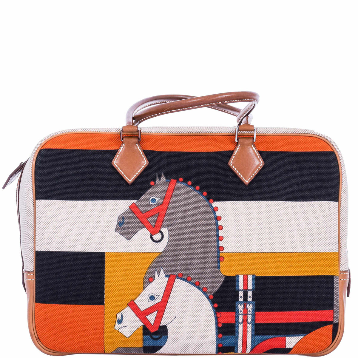 Hermès Plume 32 Multicolor Horse Print Canvas & Barenia Palladium 