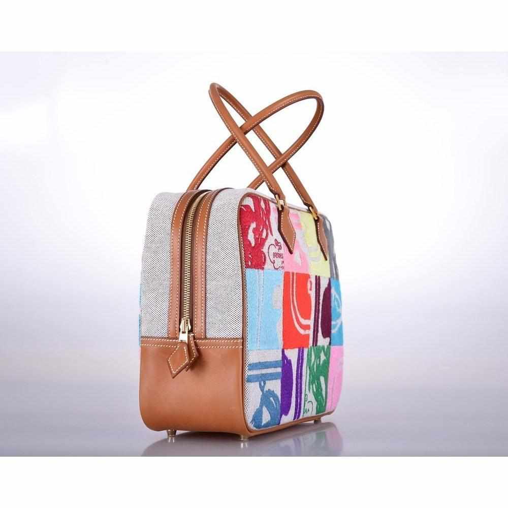 Hermès Plume 32 Patchwork Printed Toile Barenia Palladium Hardware