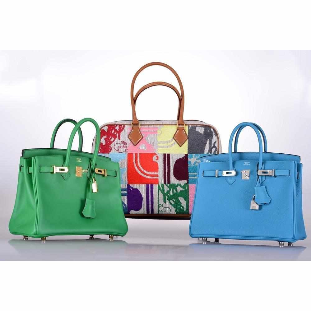 Hermès Plume 32 Patchwork Printed Toile Barenia Palladium Hardware