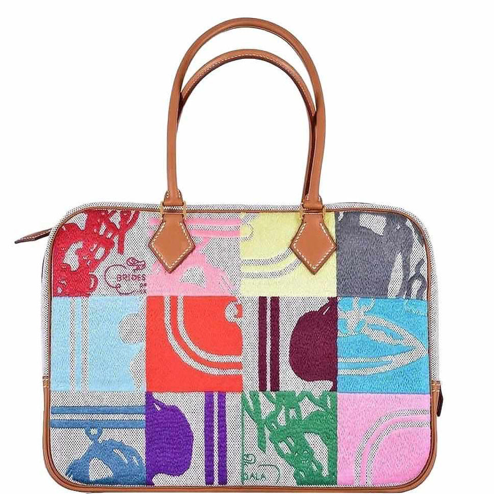 Hermès Plume 32 Patchwork Printed Toile Barenia Palladium Hardware