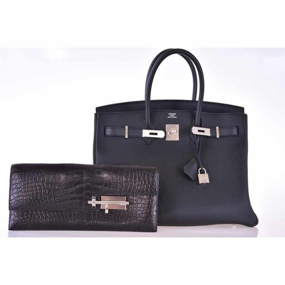 Hermès Verrou Alligator Elan Clutch Black Matte Palladium Hardware
