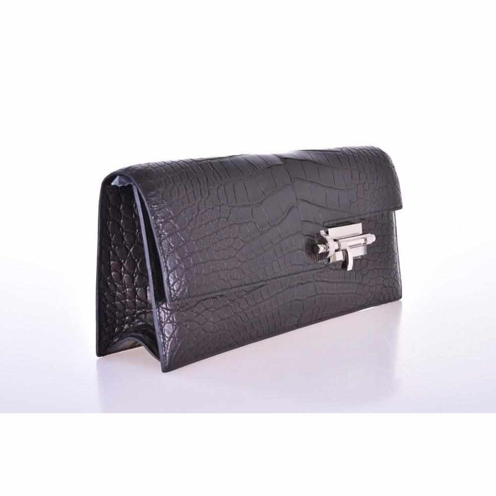 Hermès Verrou Alligator Elan Clutch Black Matte Palladium Hardware