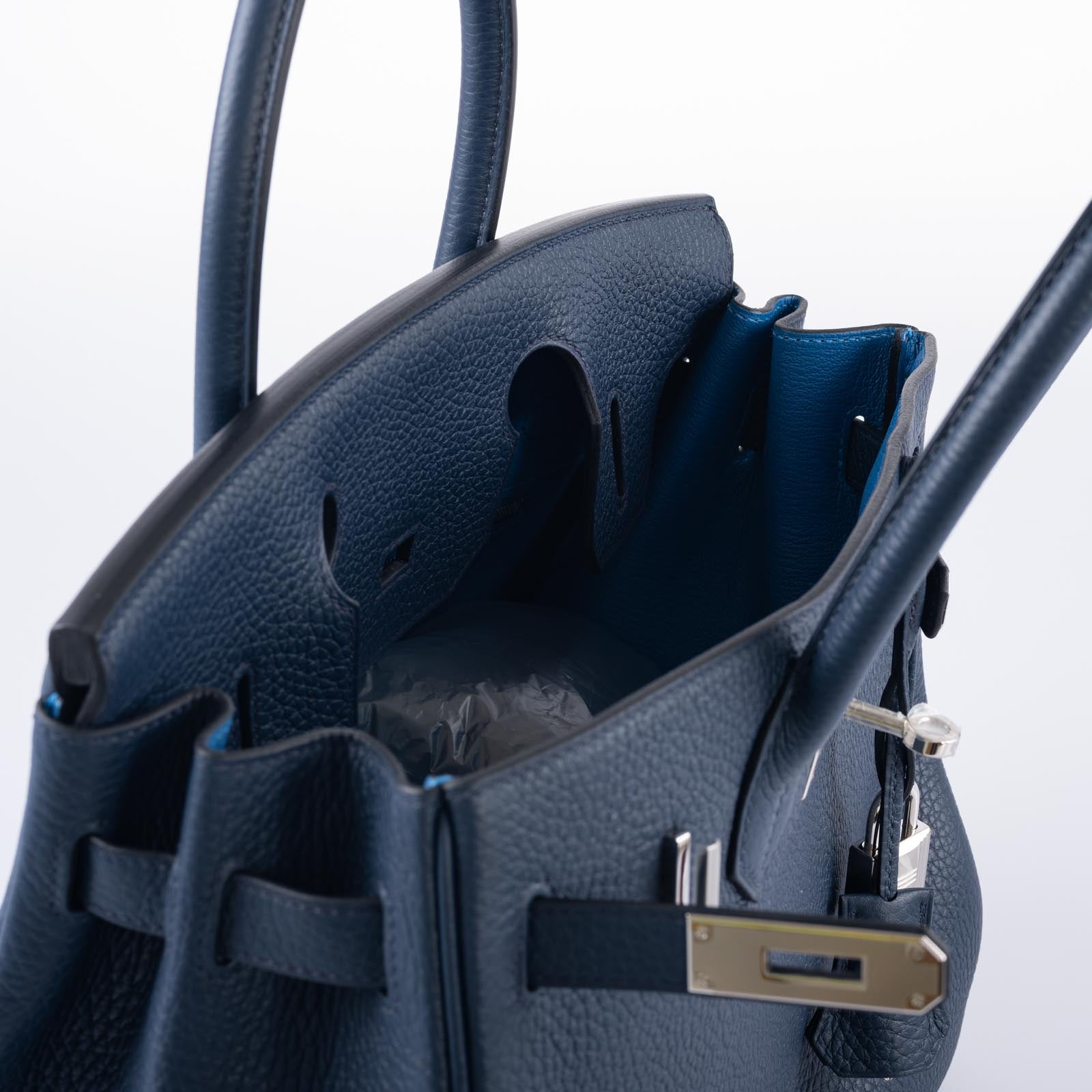 Hermès Verso Birkin 30 Blue de Prusse and Mykonos Clemence Leather Palladium Hardware