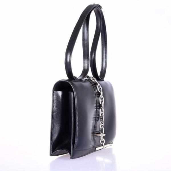 Hermès Vintage Black Box Calf Bonwit Teller Bag Sterling Silver Chaine d'Ancre