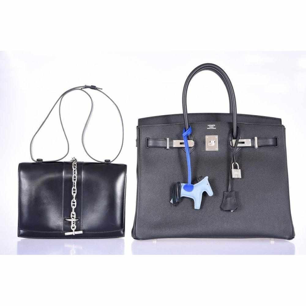 Hermès Vintage Black Box Calf Bonwit Teller Bag Sterling Silver Chaine d'Ancre