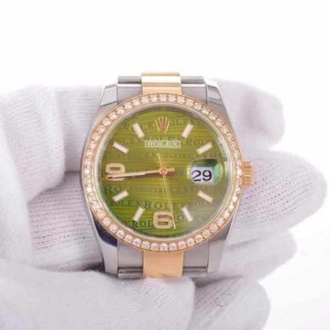 Rolex Datejust 36 Yellow Gold & Steel Green Wave Dial Diamond Bezel Ref 116243