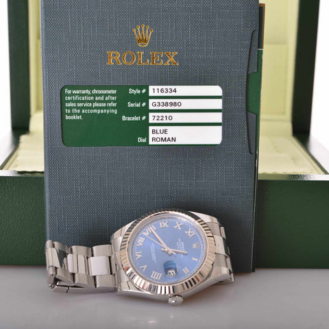 Rolex Datejust II 41mm SS and 18kt White Gold Bezel Blue Roman Dial 116334