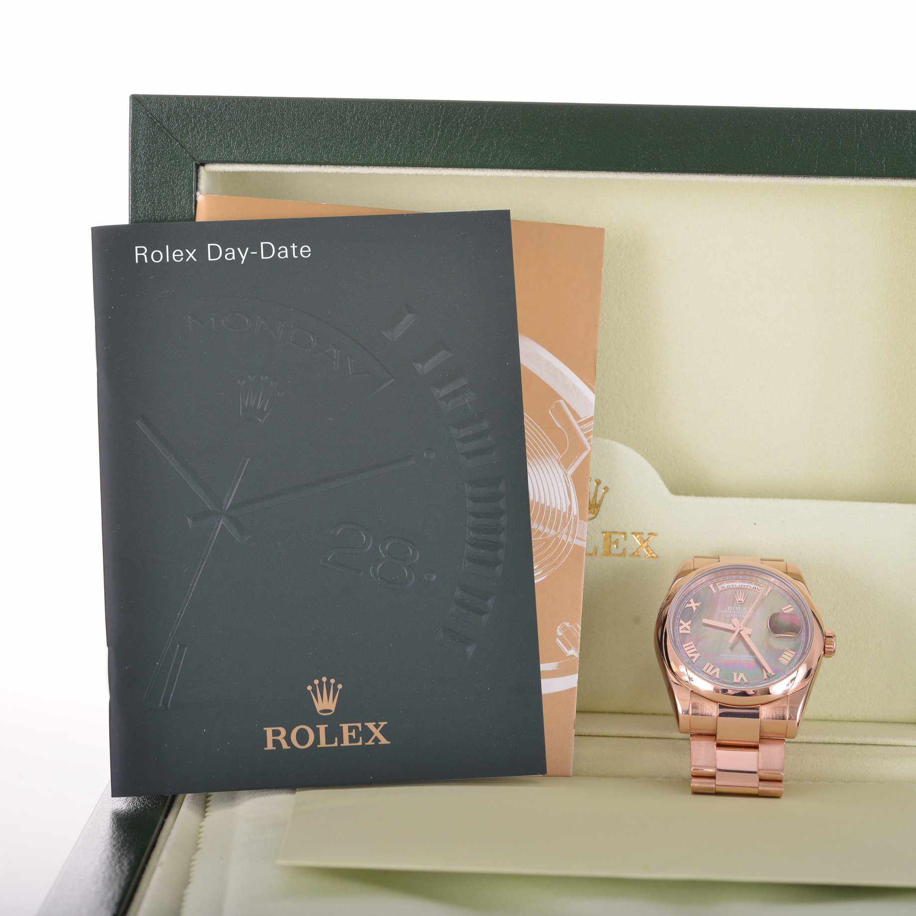 Rolex Day-Date 36mm Everose Gold Black Mother Of Pearl Roman Dial 118205