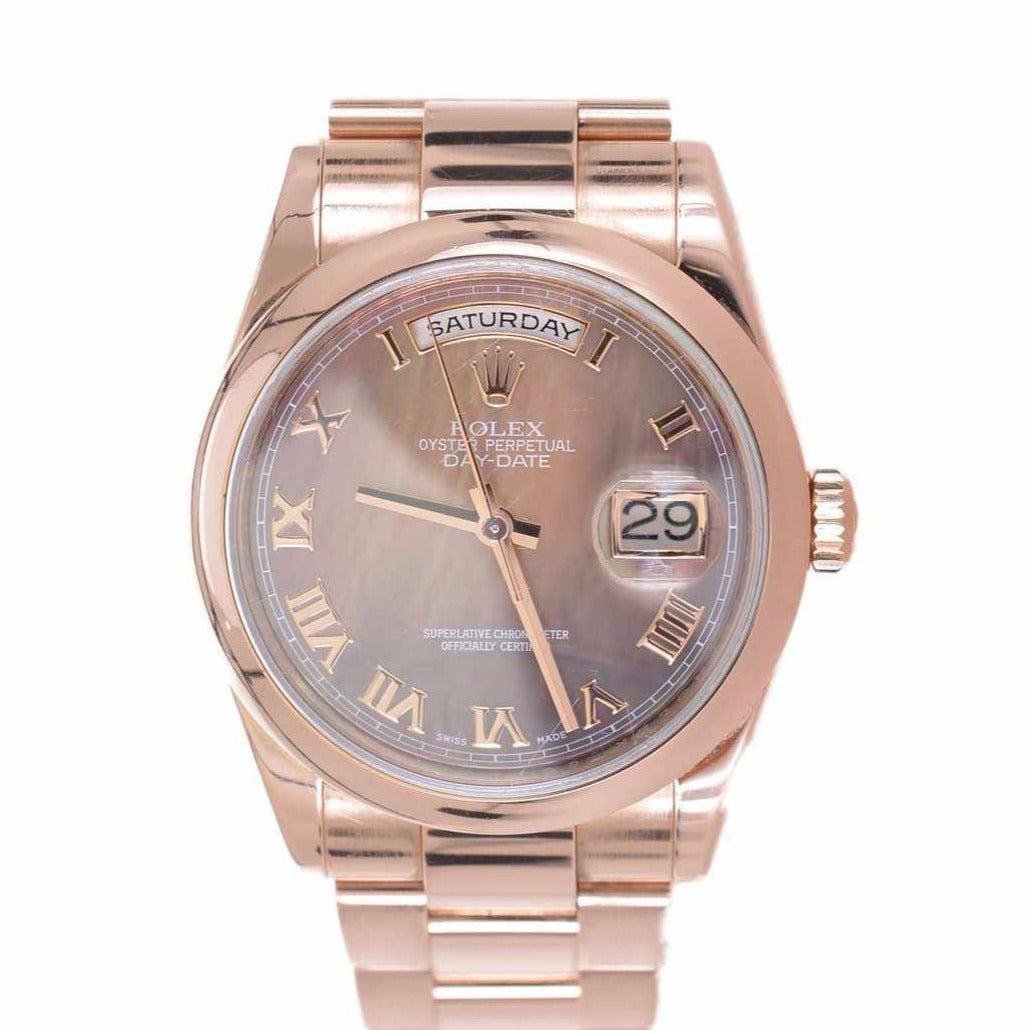 Rolex Day-Date 36mm Everose Gold Black Mother Of Pearl Roman Dial 118205