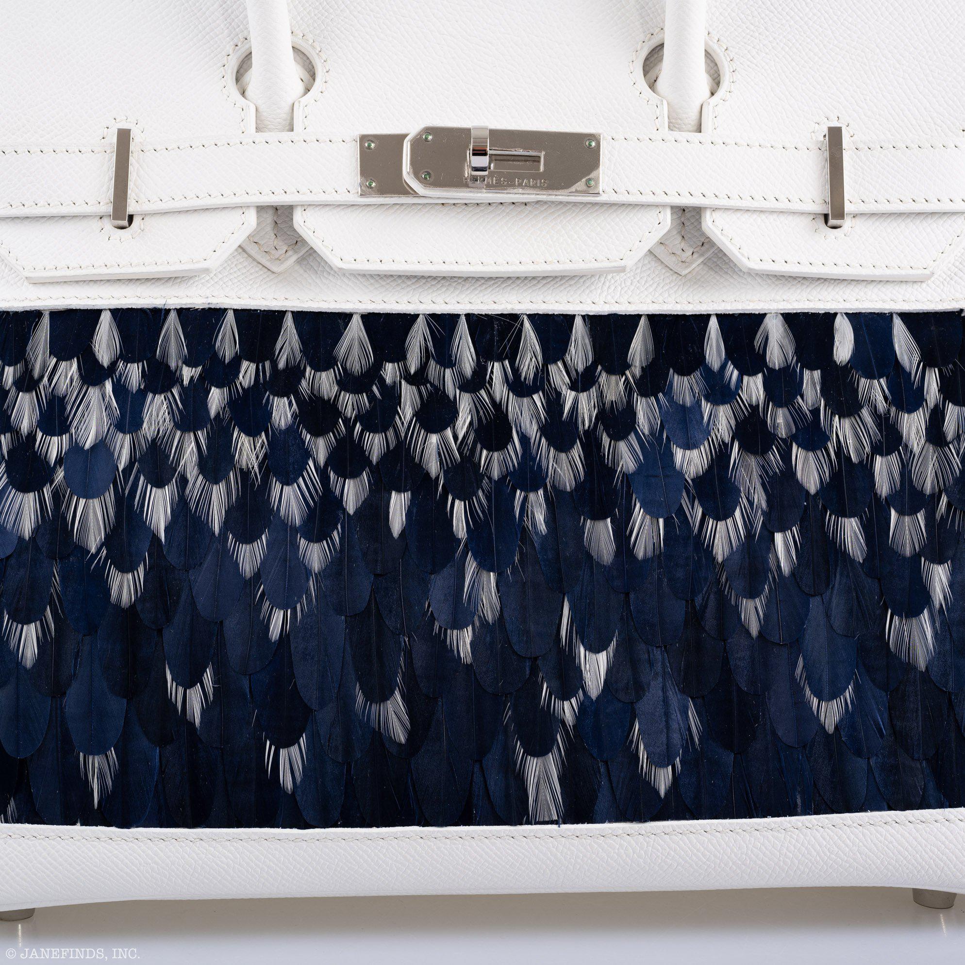 Vintage Hermès Birkin 30 White Epsom with Custom Feather Panel & Palladium Hardware - 2010, N Square