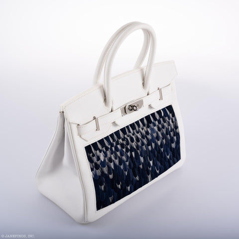 Vintage Hermès Birkin 30 White Epsom with Custom Feather Panel & Palladium Hardware - 2010, N Square