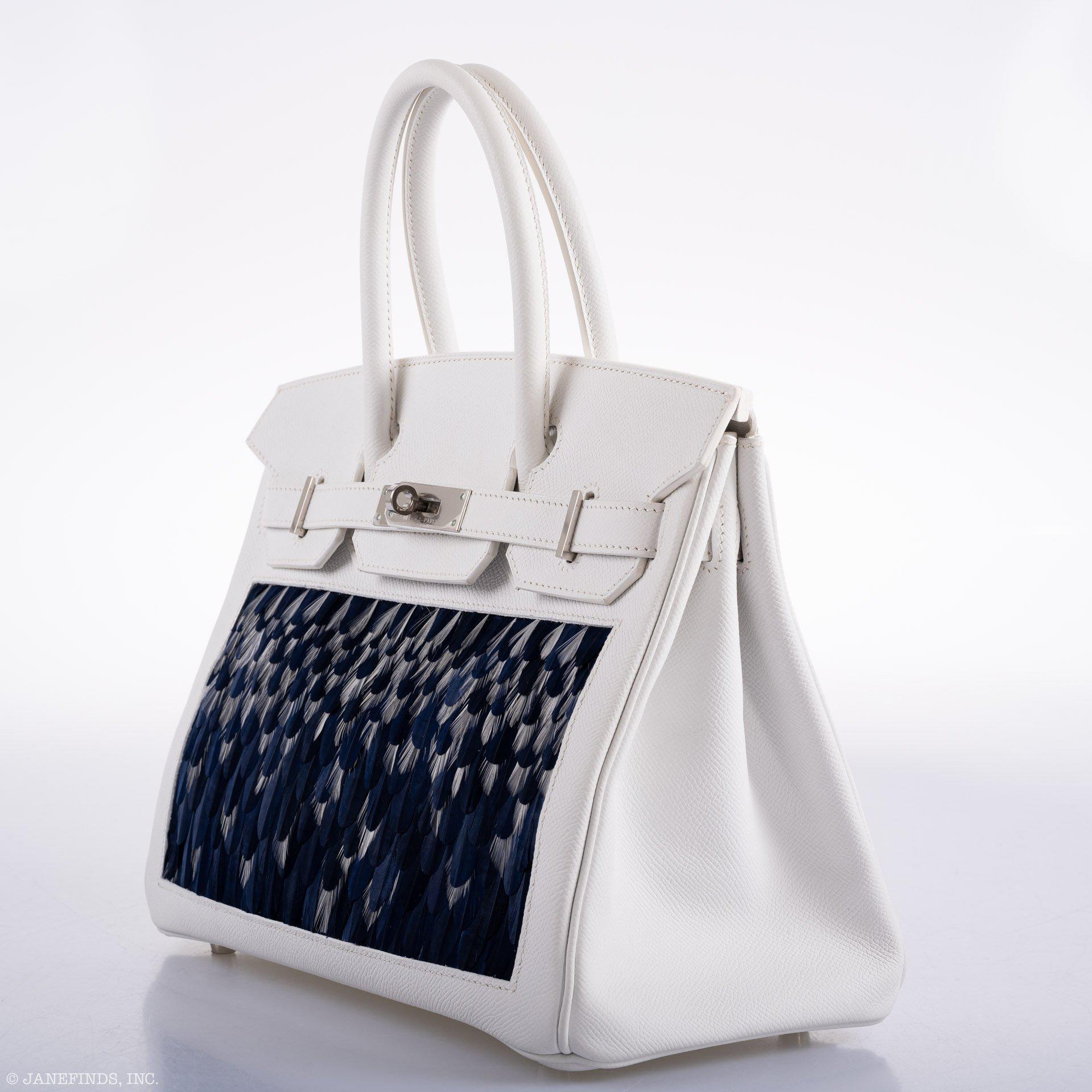 Vintage Hermès Birkin 30 White Epsom with Custom Feather Panel & Palladium Hardware - 2010, N Square