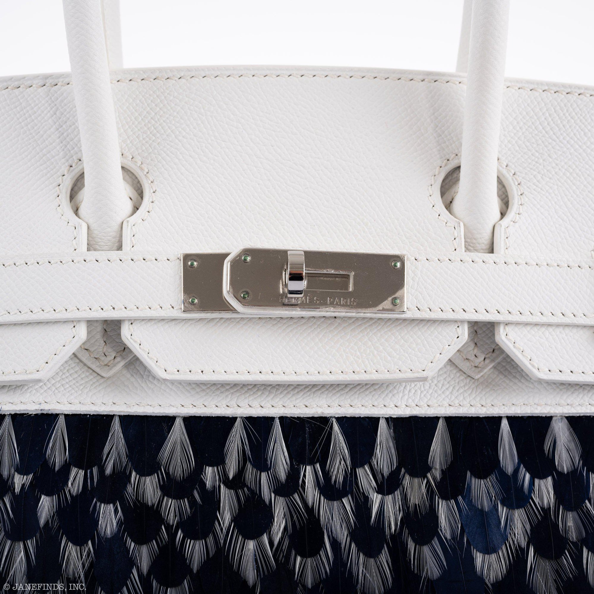 Vintage Hermès Birkin 30 White Epsom with Custom Feather Panel & Palladium Hardware