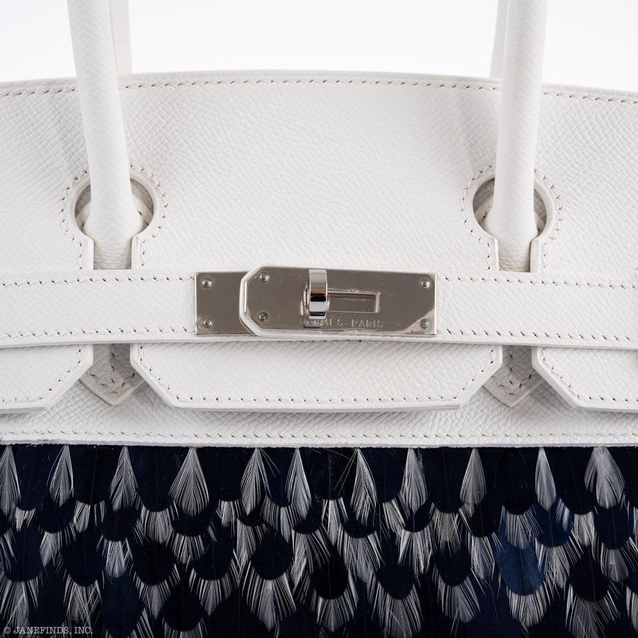 Vintage Hermès Birkin 30 White Epsom with Custom Feather Panel & Palladium Hardware
