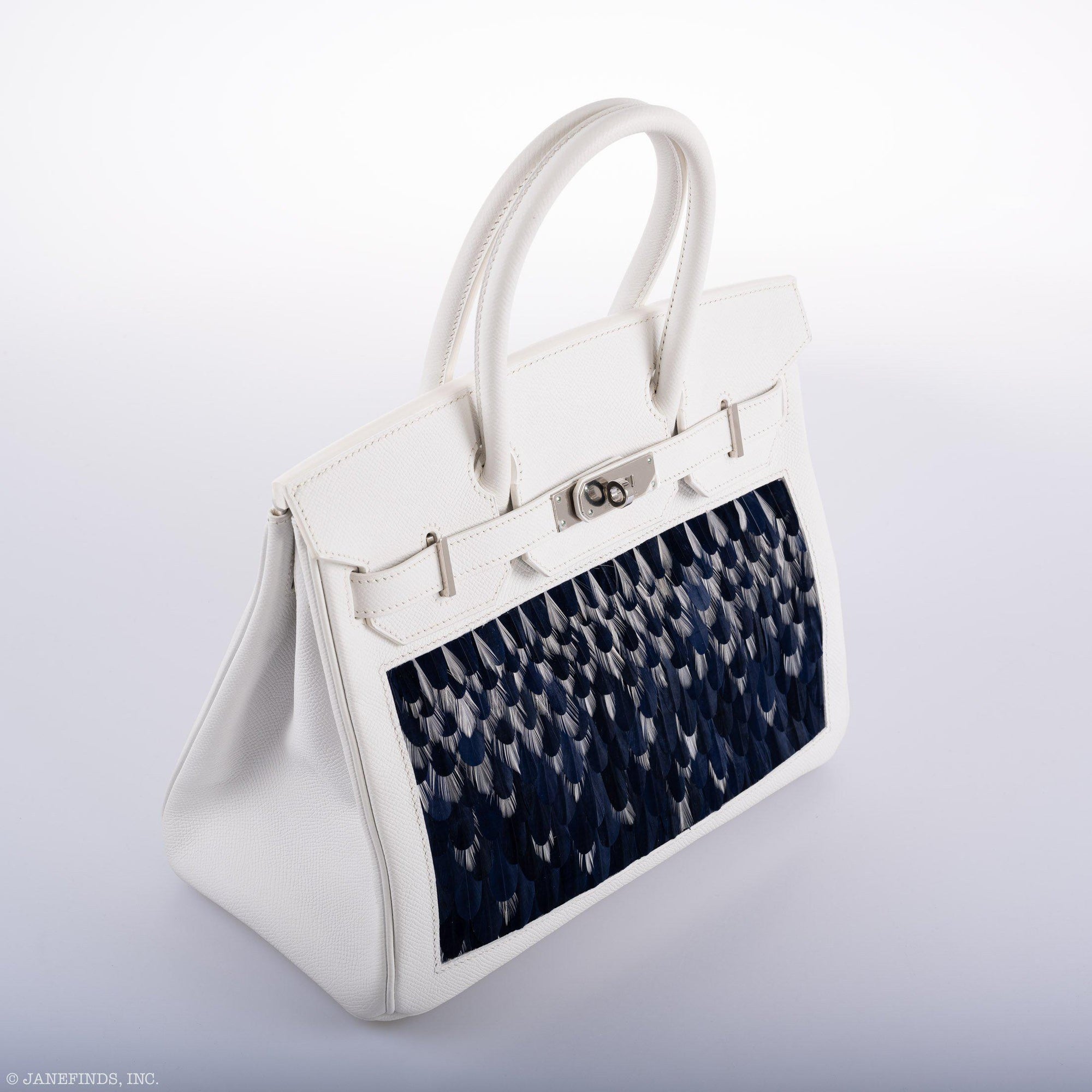 Vintage Hermès Birkin 30 White Epsom with Custom Feather Panel & Palladium Hardware