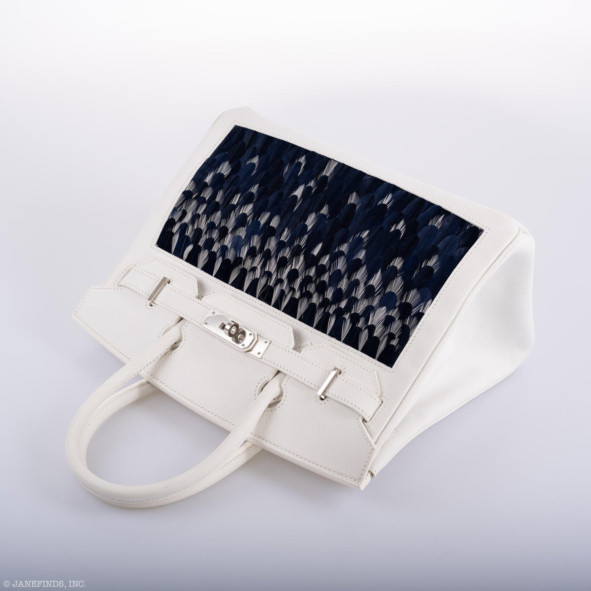 Vintage Hermès Birkin 30 White Epsom with Custom Feather Panel & Palladium Hardware