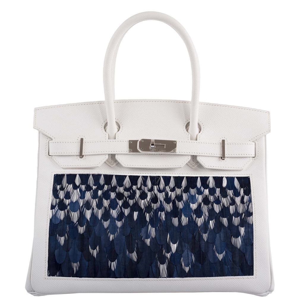 Vintage Hermès Birkin 30 White Epsom with Custom Feather Panel & Palladium Hardware