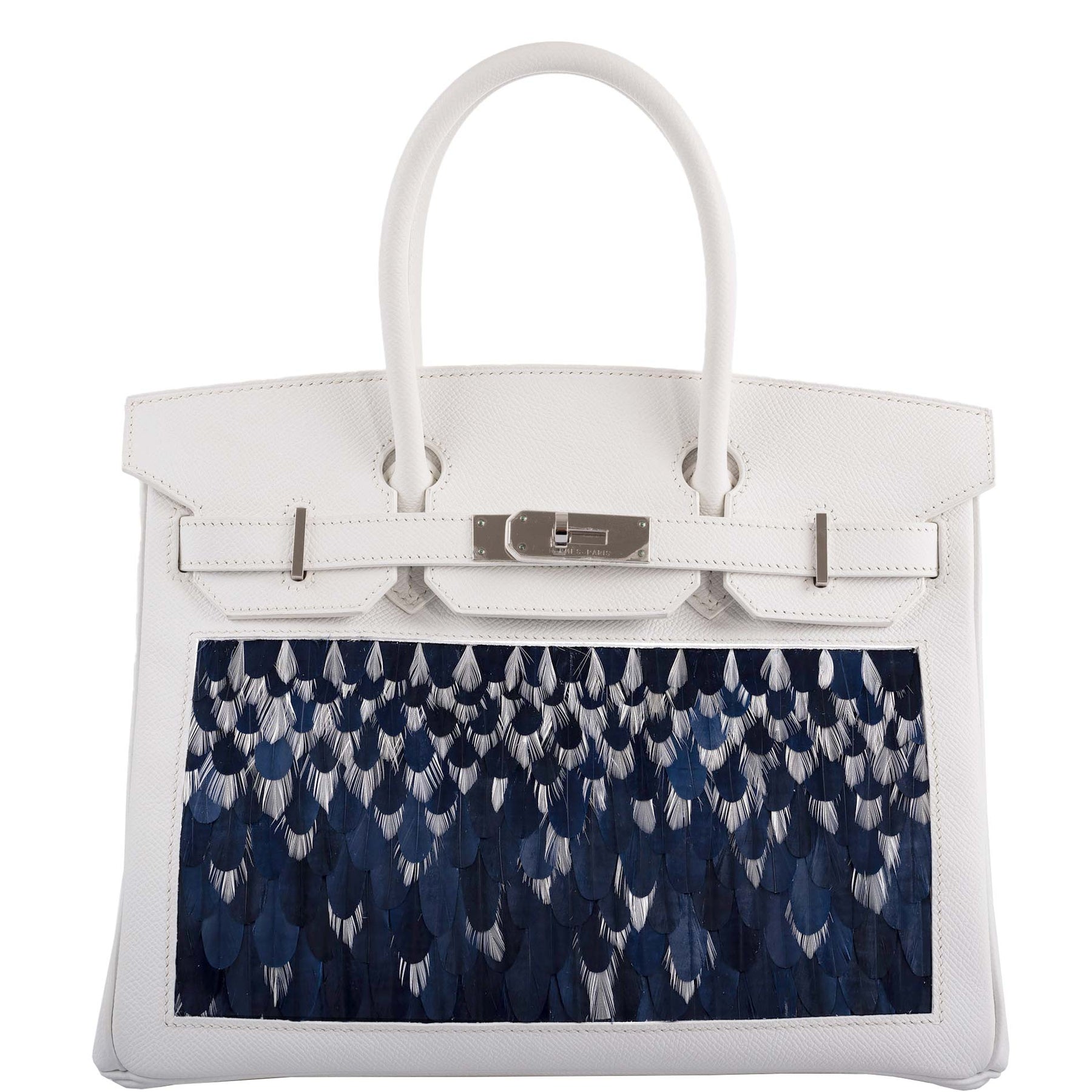 Vintage Hermès Birkin 30 White Epsom with Custom Feather Panel & Palladium Hardware