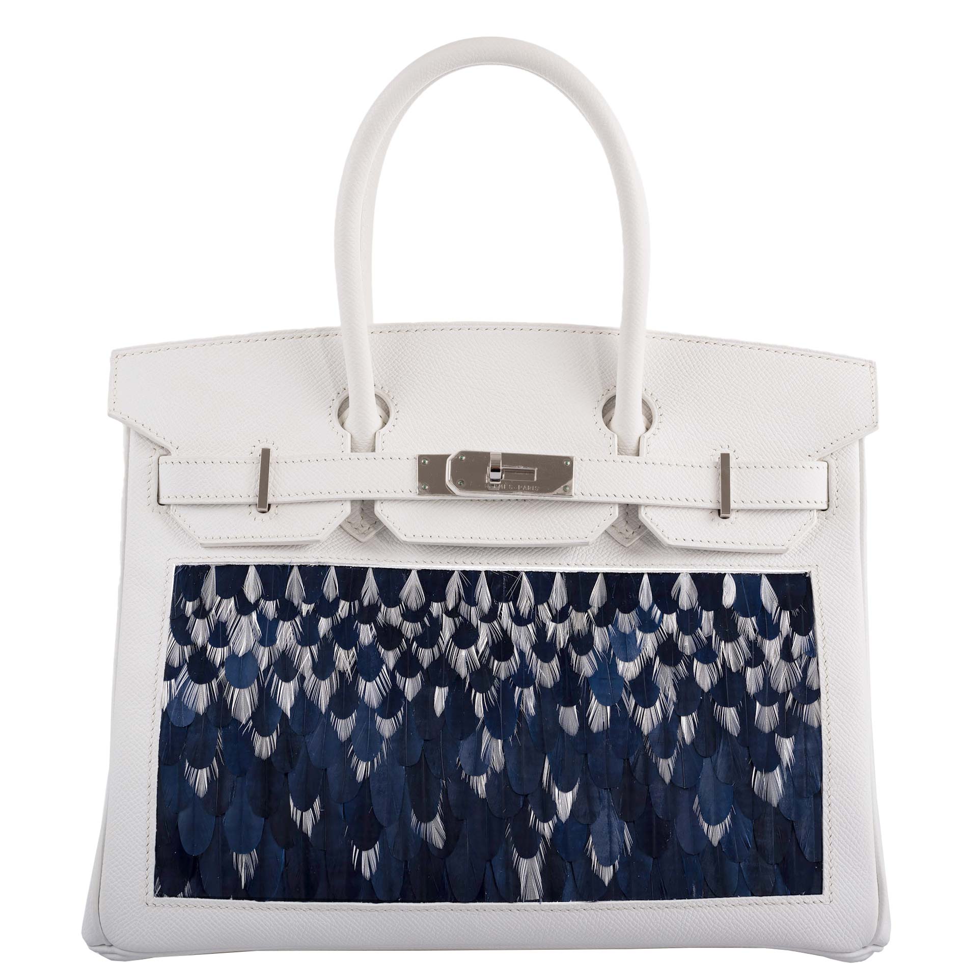 Vintage Hermès Birkin 30 White Epsom with Custom Feather Panel & Palladium Hardware