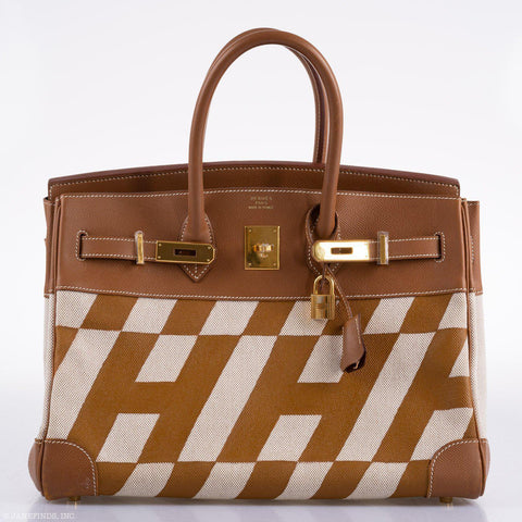 Vintage Hermès Birkin 35 Gold Courchevel with Painted Ulysses Toile Canvas & Gold Hardware - 1998, B Square