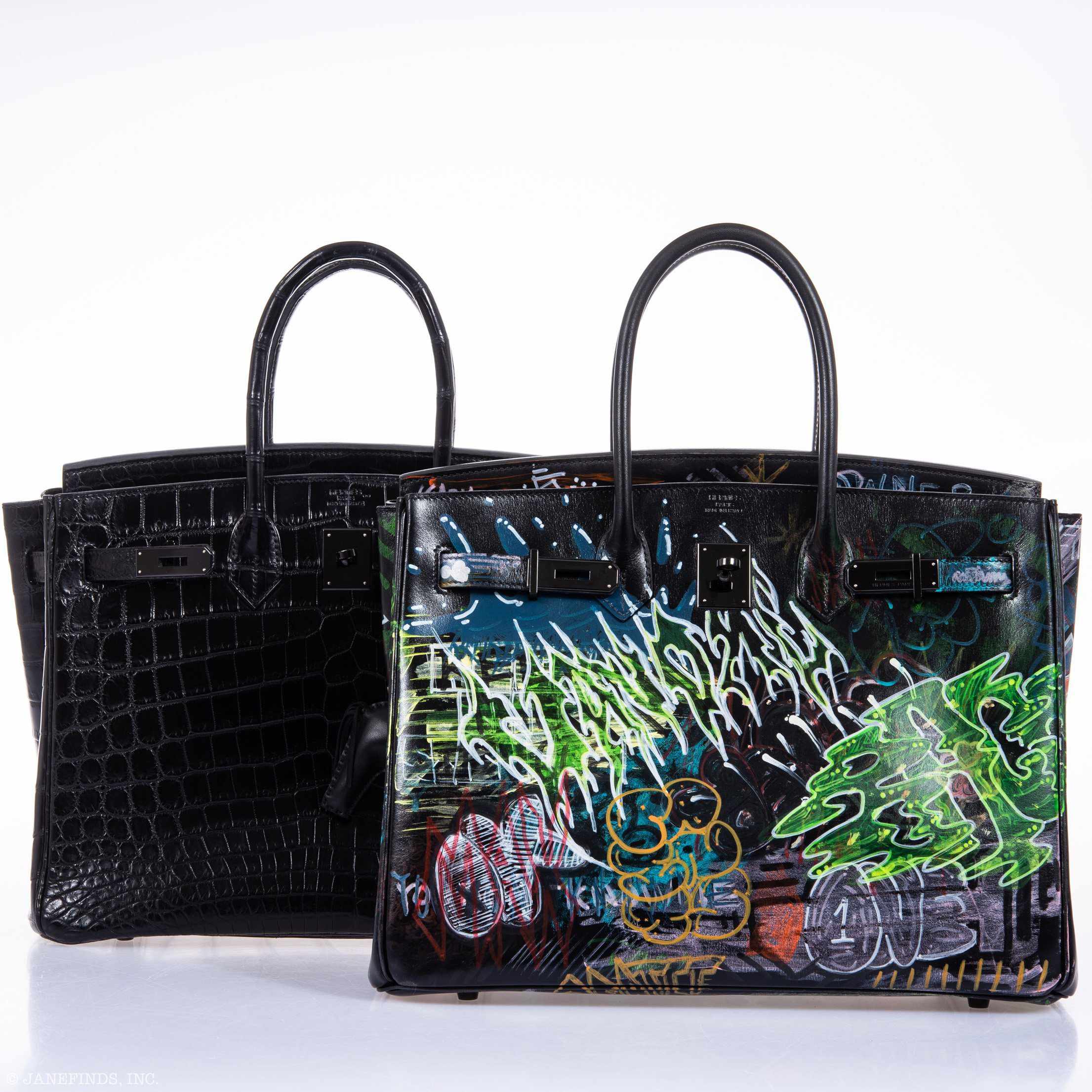 Vintage Hermès Birkin 35 SO BLACK Custom Painted "Graffiti" Edition Black PVD Hardware