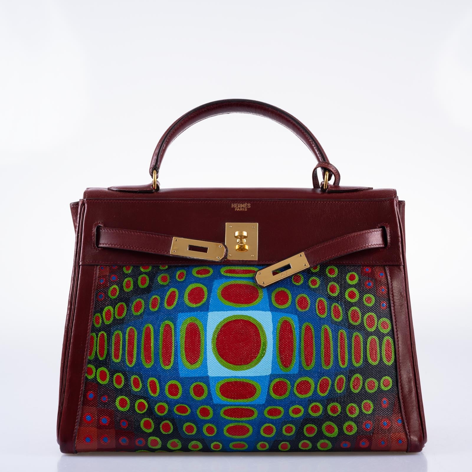 Vintage Hermès Custom Painted ‘Cyber Croc’ Kelly 32 Rouge H Box with Gold Hardware