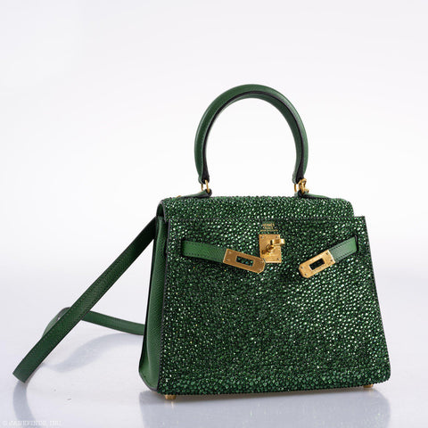 Vintage Hermès Emerald Kelly of Oz 20cm with Swarovski Crystals Epsom Gold Hardware