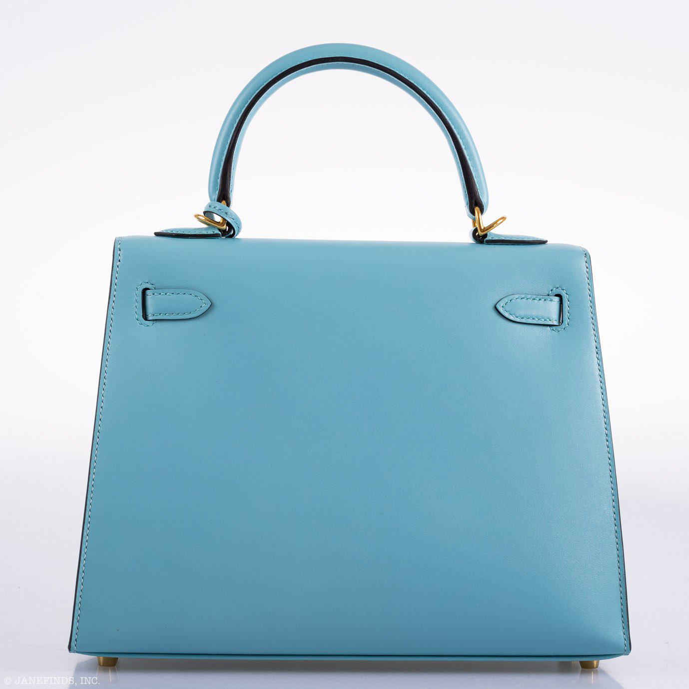 Vintage Hermès Kelly 25 Sellier Blue Atoll Tadelakt with Custom Feather Panel Gold Hardware