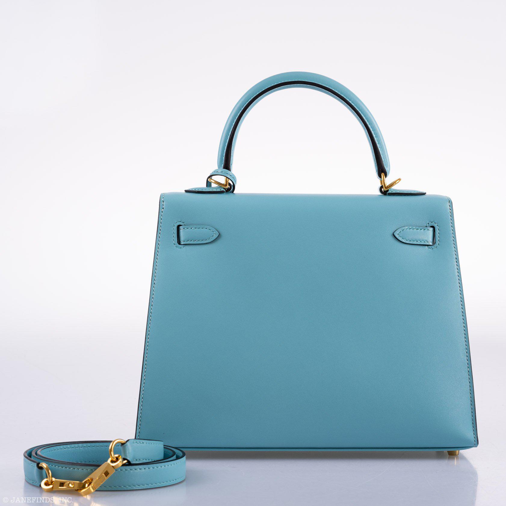 Vintage Hermès Kelly 25 Sellier Blue Atoll Tadelakt with Custom Feather Panel Gold Hardware